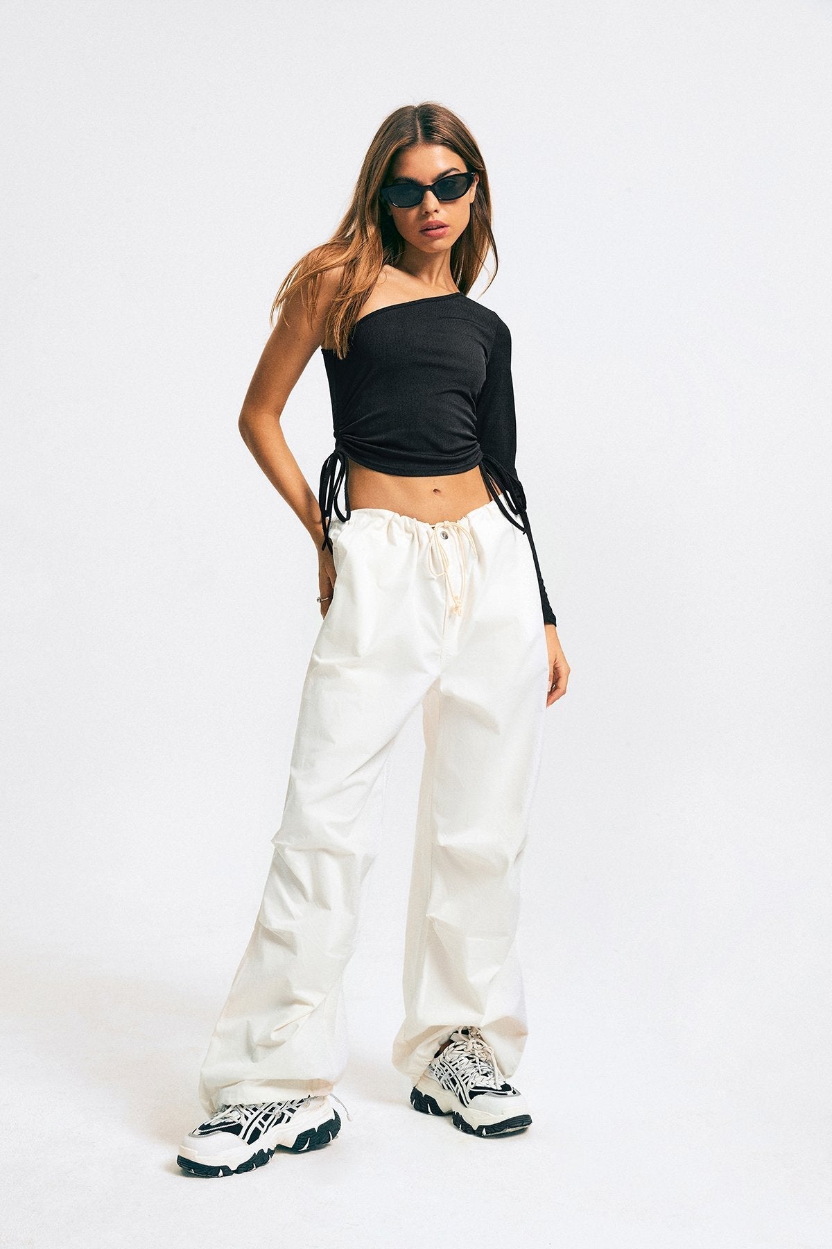 One Shoulder Ribbed Drawstring Long Sleeve Top