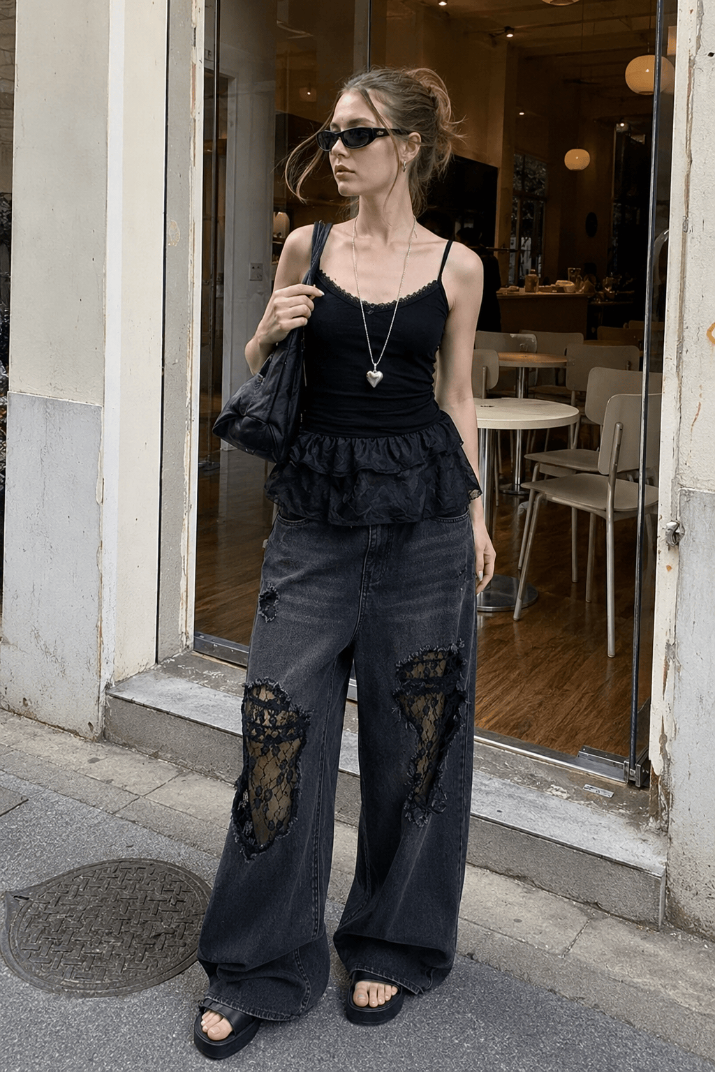 Lace Panel Ripped Wide Leg Jeans