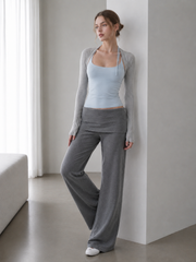 Solid Knit Foldover Waist Flowy Pants