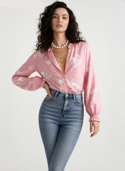 Collared Print Puff Sleeve Blouse