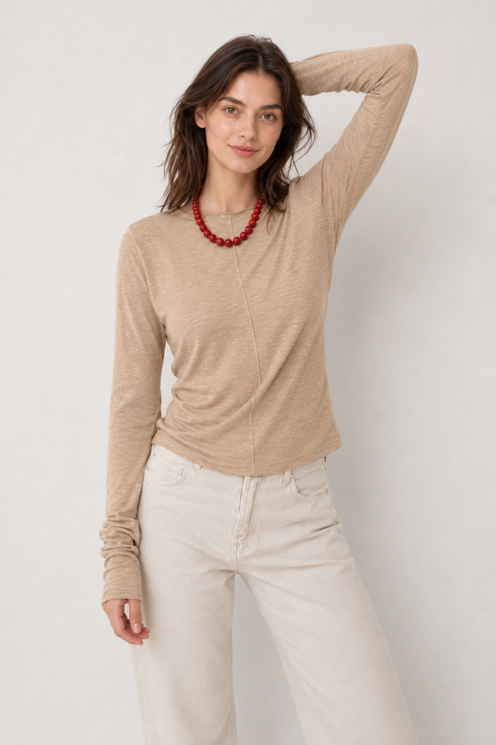 White Crew Neck Knit Panel Long Sleeve Tee