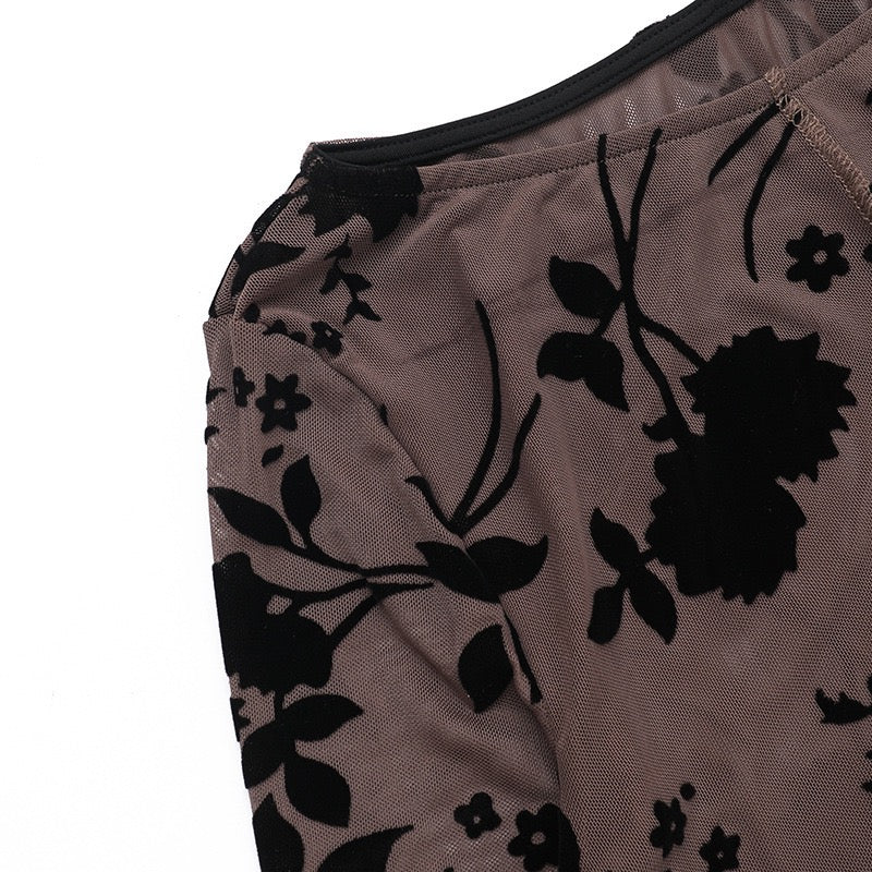 Bell Sleeve Semi-Sheer Flocking Blouse