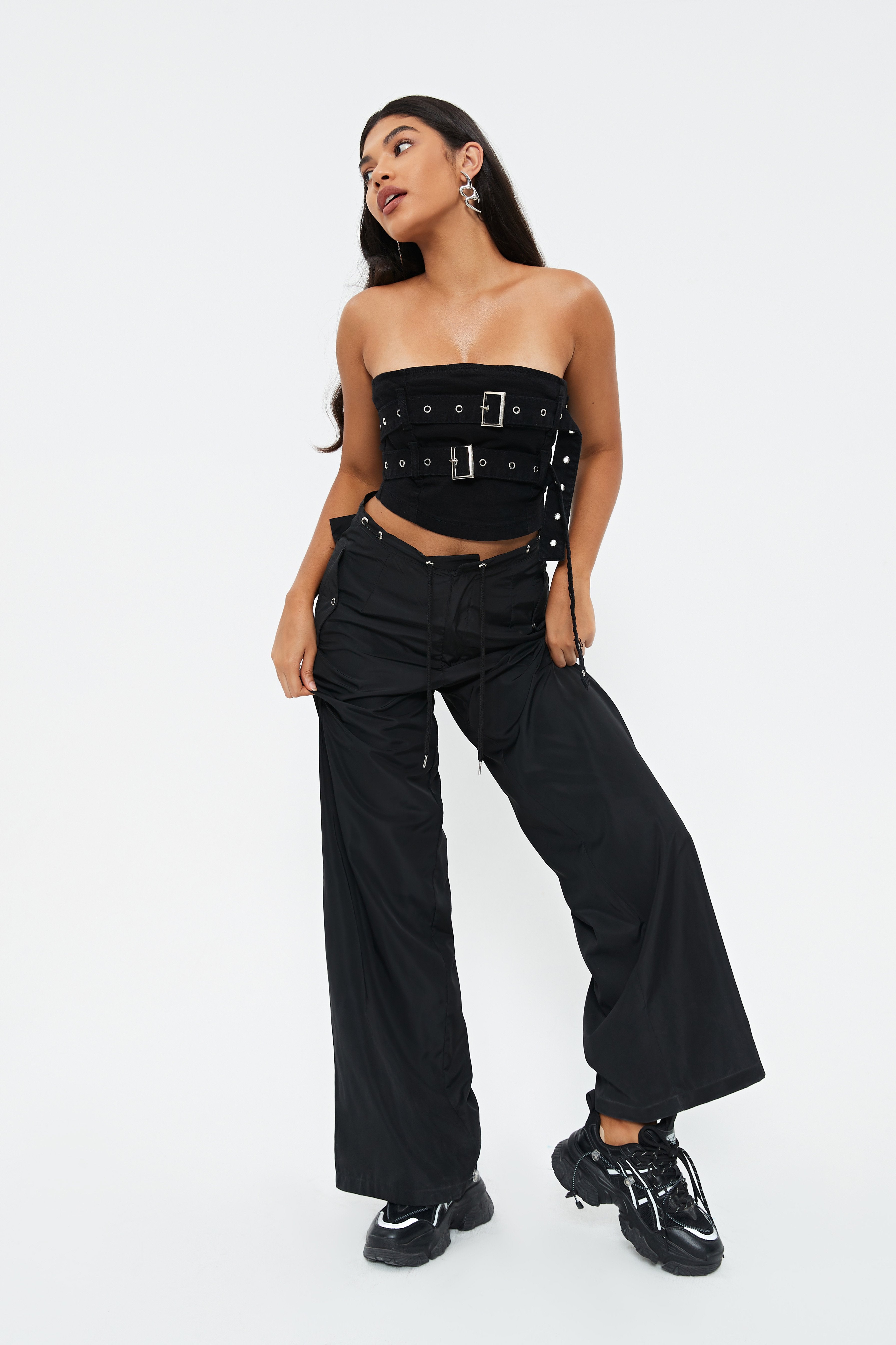 Off Shoulder Belt Decor Denim Crop Top