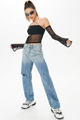 Mesh Splicing Off Shoulder Long Sleeve Crop Top