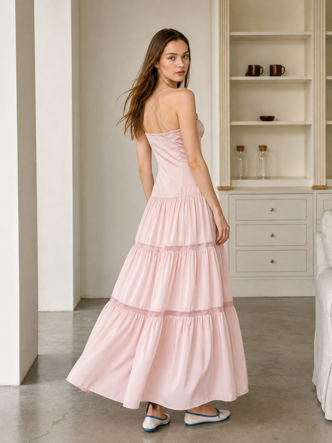 Pink Satin Tie Strapless Spaghetti Strap Maxi Dress