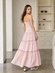 Pink Satin Tie Strapless Spaghetti Strap Maxi Dress
