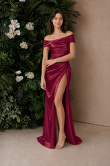 Silk Satin Off Shoulder Slit Formal Dress