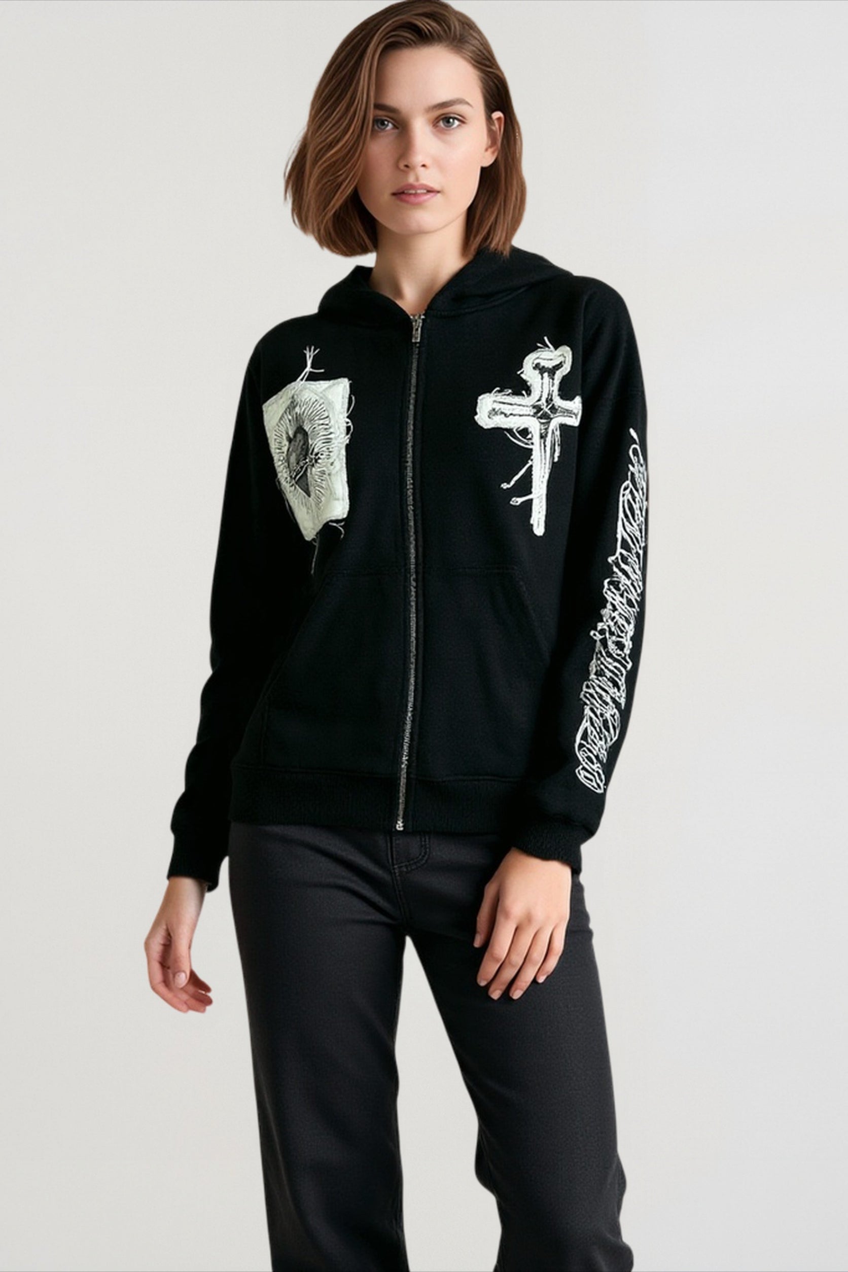Embroidered Cross Zip Up Hoodie