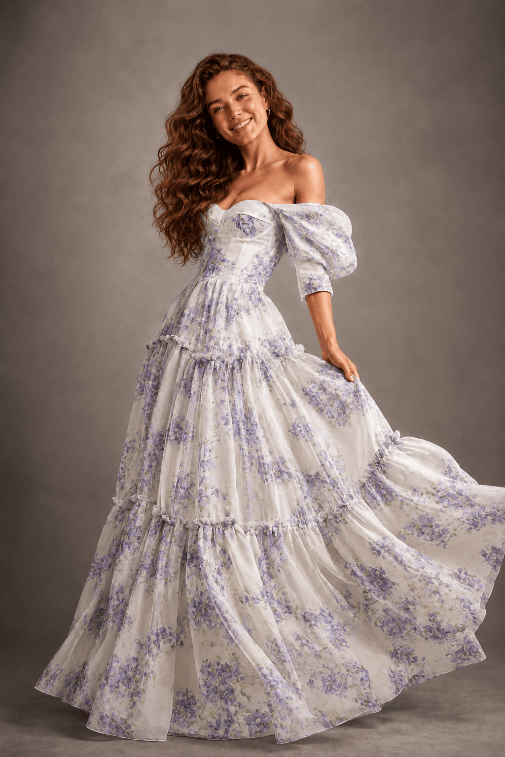 Floral Print Off Shoulder Puff Sleeve Organza Maxi Dress
