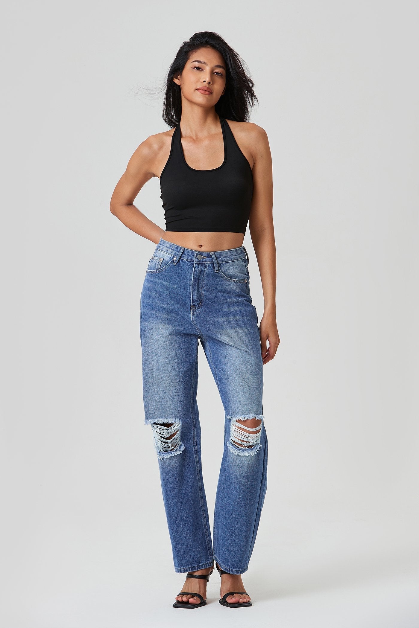 Low Waist Ripped Washed Dual Pocket Straight Pants