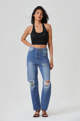 Low Waist Ripped Washed Dual Pocket Straight Pants