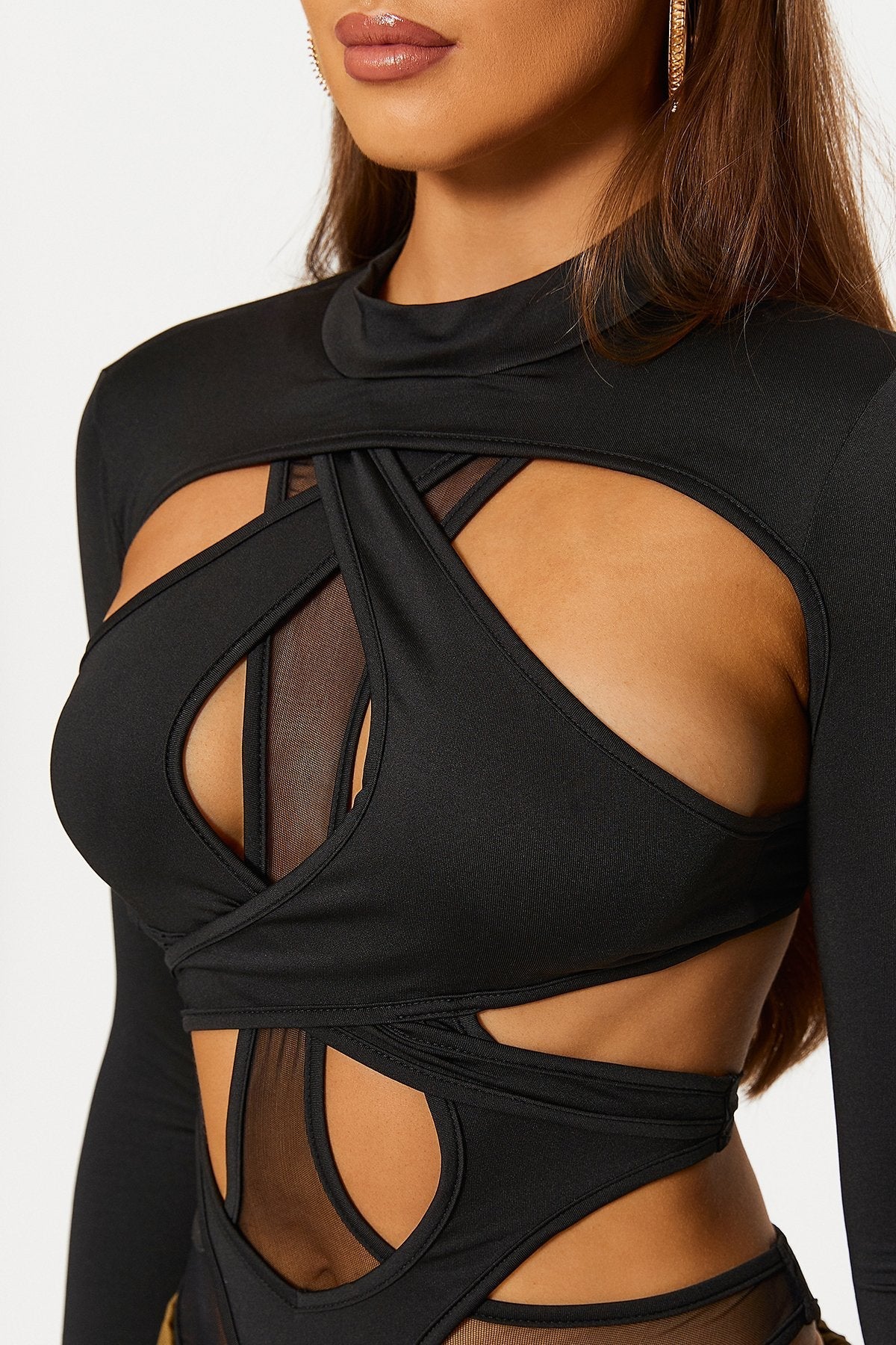 Cut Out Cross Over Tie Back Long Sleeve Bodysuit