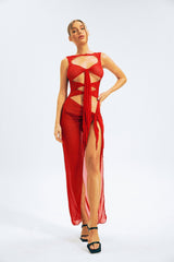 Mesh Cut Out Knot Front Split Thigh Maxi Dress