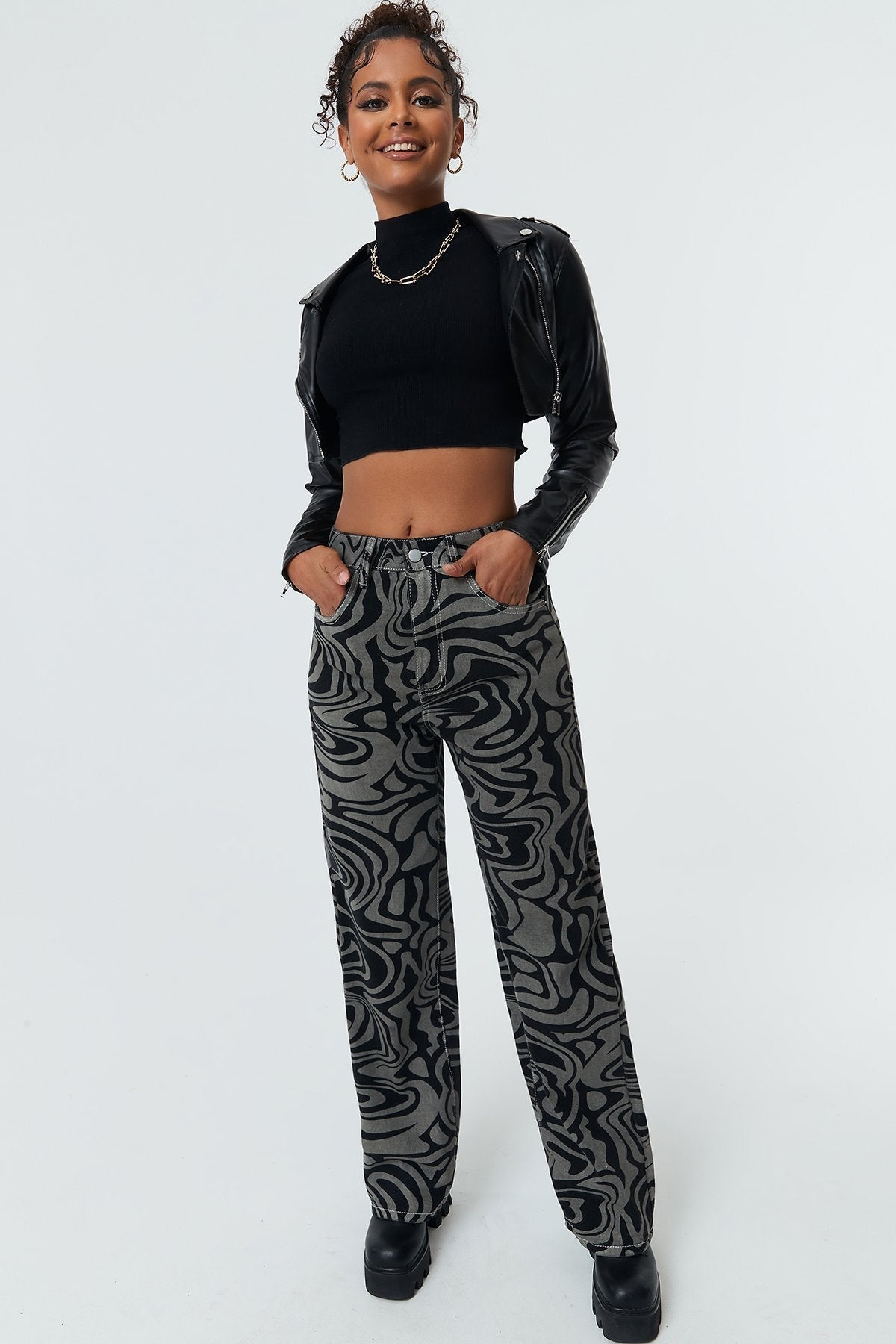 Wave Print High Waist Straight-leg Jeans