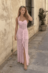 Halter Backless Sheer Lace Patchwork High Slit Fitted Maxi Dress