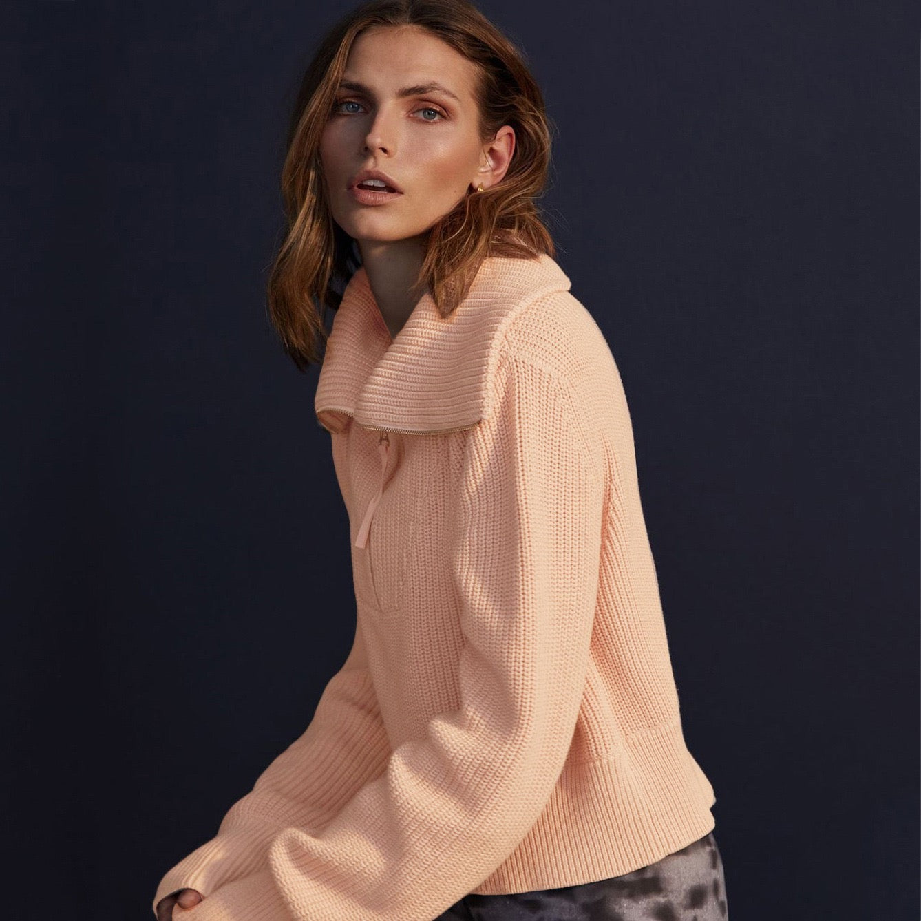 Wide Collar Half Zip Long Sleeve Sweater