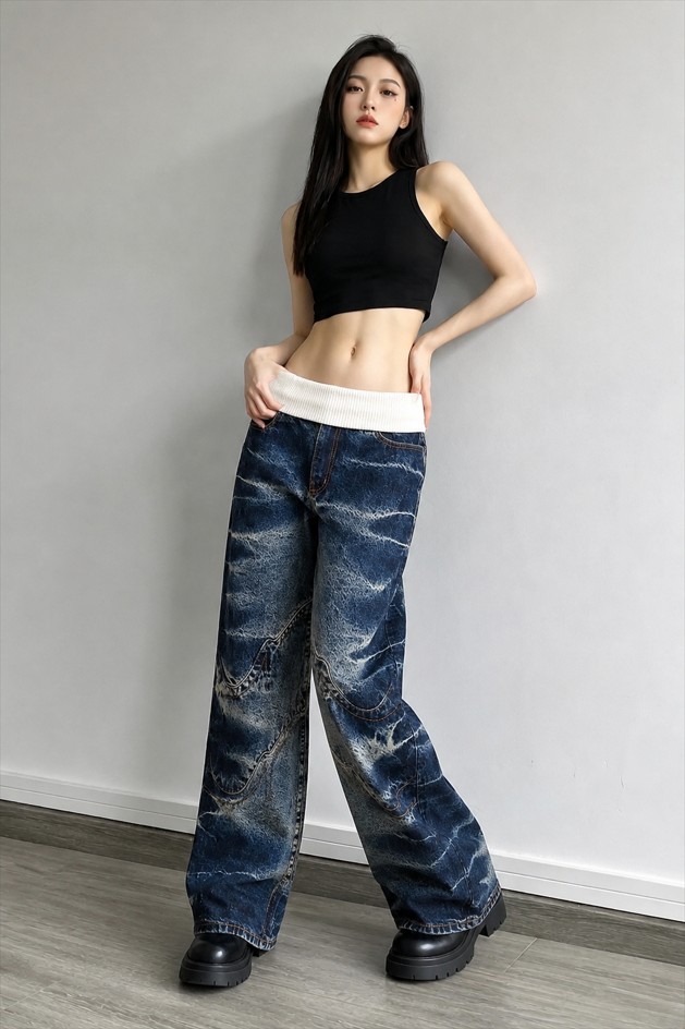 Washed Distressed Sporty Waist Wide Leg Jeans
