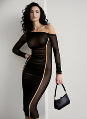 Diagonal Collar Draped Mesh Maxi Dress