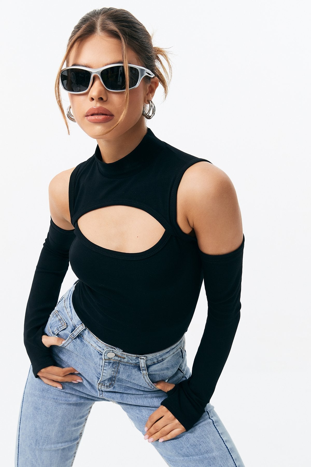 Off Shoulder Cut Out Solid Bodysuit