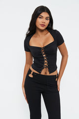 Square Neck Lace Up Short Sleeve Crop Top