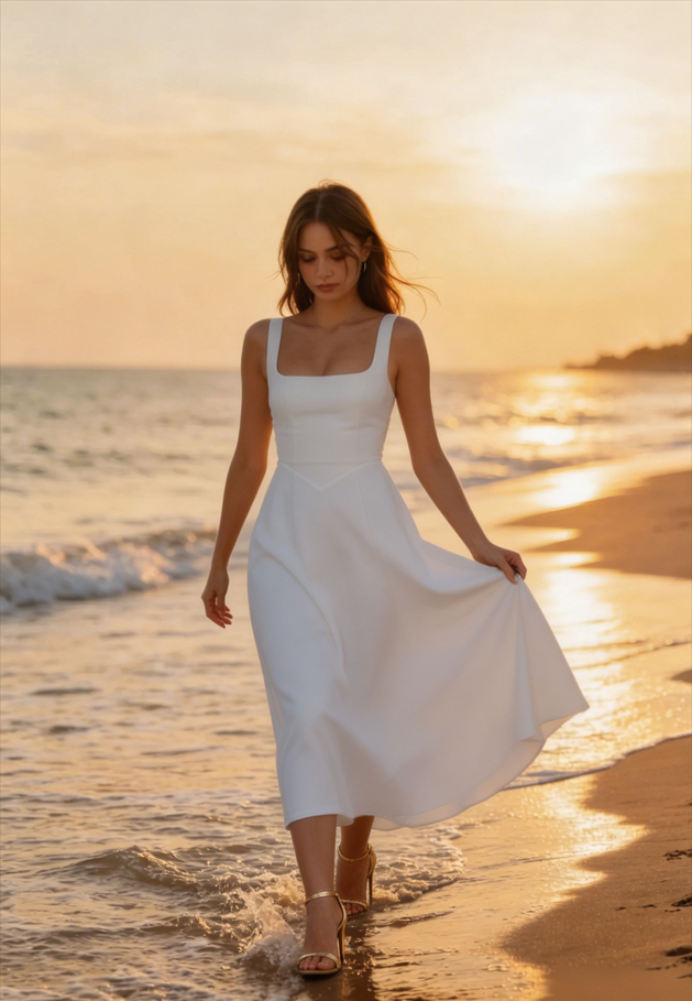 Solid Square Neck Sleeveless Cocktail Dress