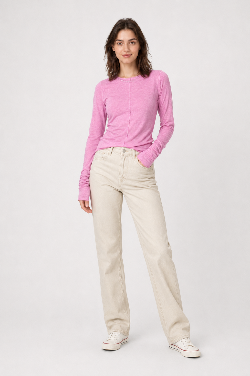 White Crew Neck Knit Panel Long Sleeve Tee