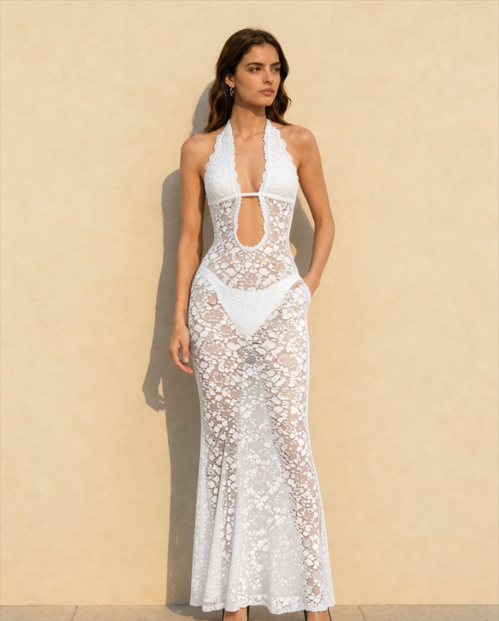Lace Halter Neck Backless Solid Maxi Dress