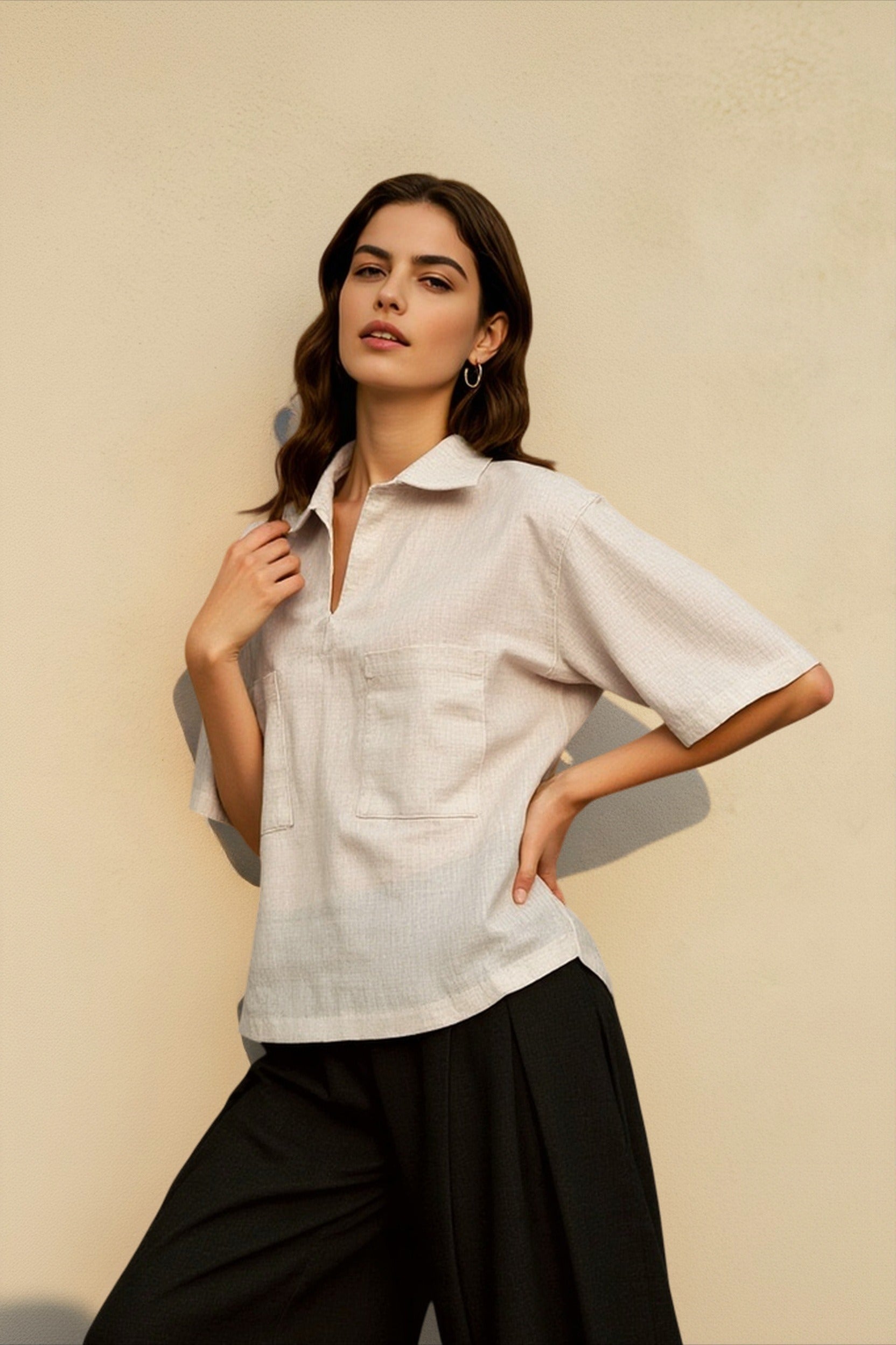 Linen V Neck Minimalist Blouse