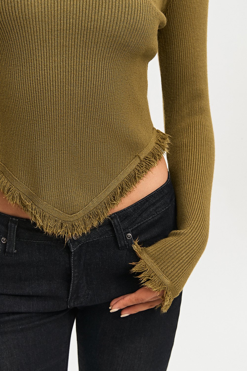 Ribbed Knit Asymmetrical Raw Hem Long Sleeve Sweater