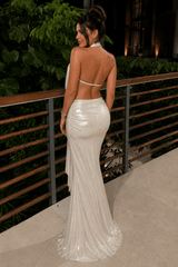 Glossy Cowl Neck Metal Ornament Halter Backless Fitted Maxi Dress