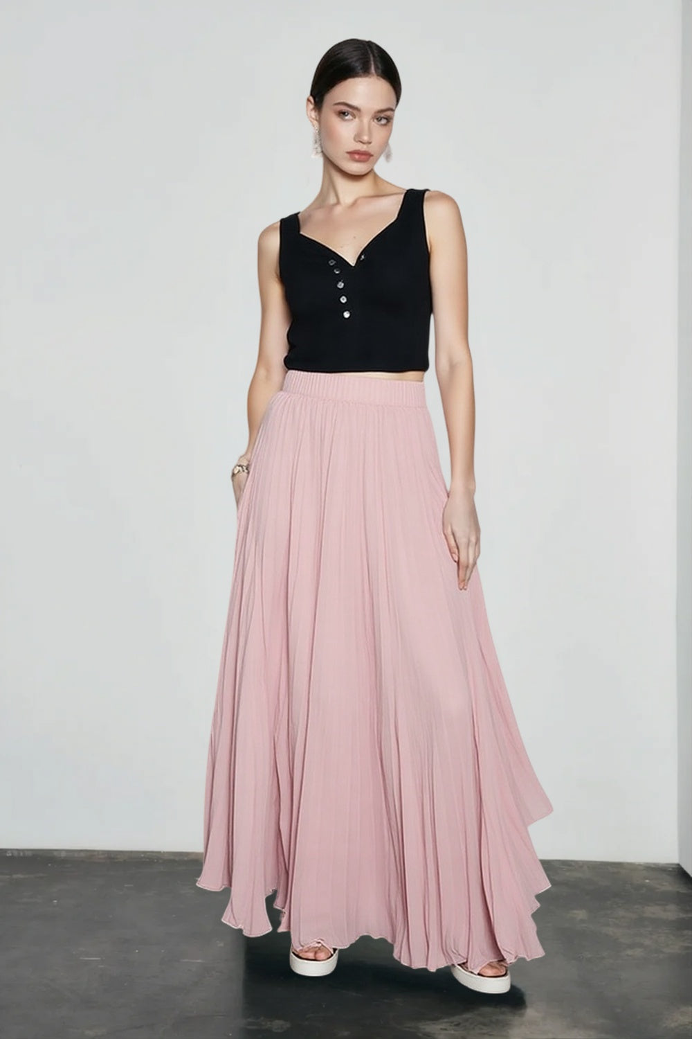 Chiffon Pleated Flowing Maxi Skirt
