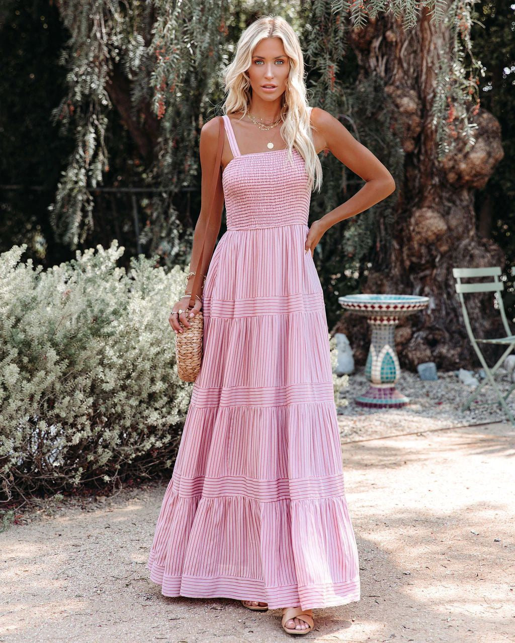 Pinstripe Shirred Backless Long Cami Dress
