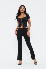 Square Neck Lace Up Short Sleeve Crop Top