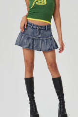 Low Waist Washed Pleated Mini Skirt