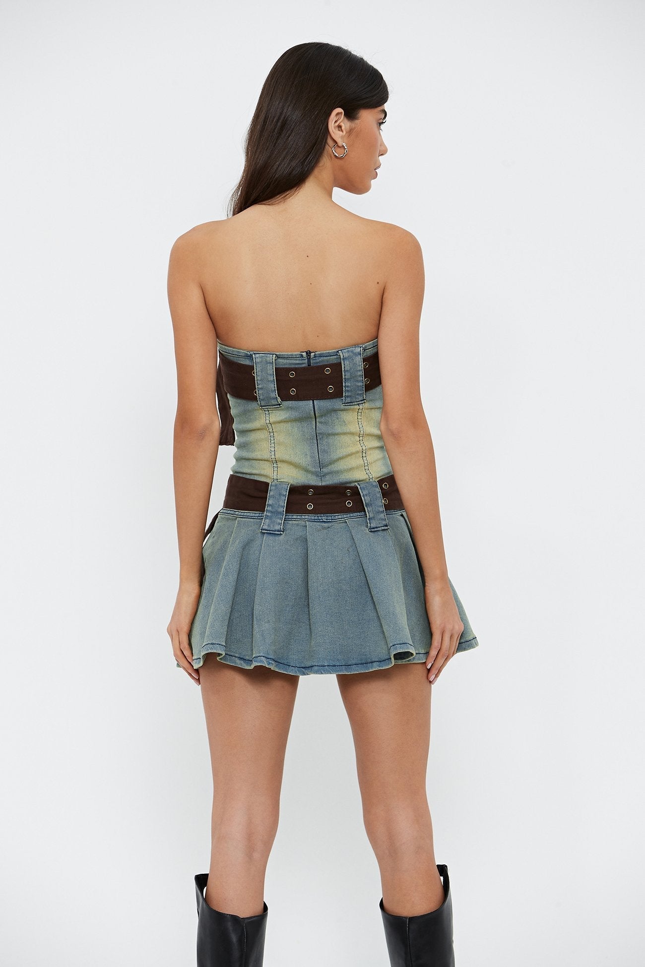 Off Shoulder Belt Decor Washed Denim Mini Dress