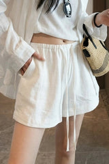 Washed White Linen Draped Loose Shorts Pants