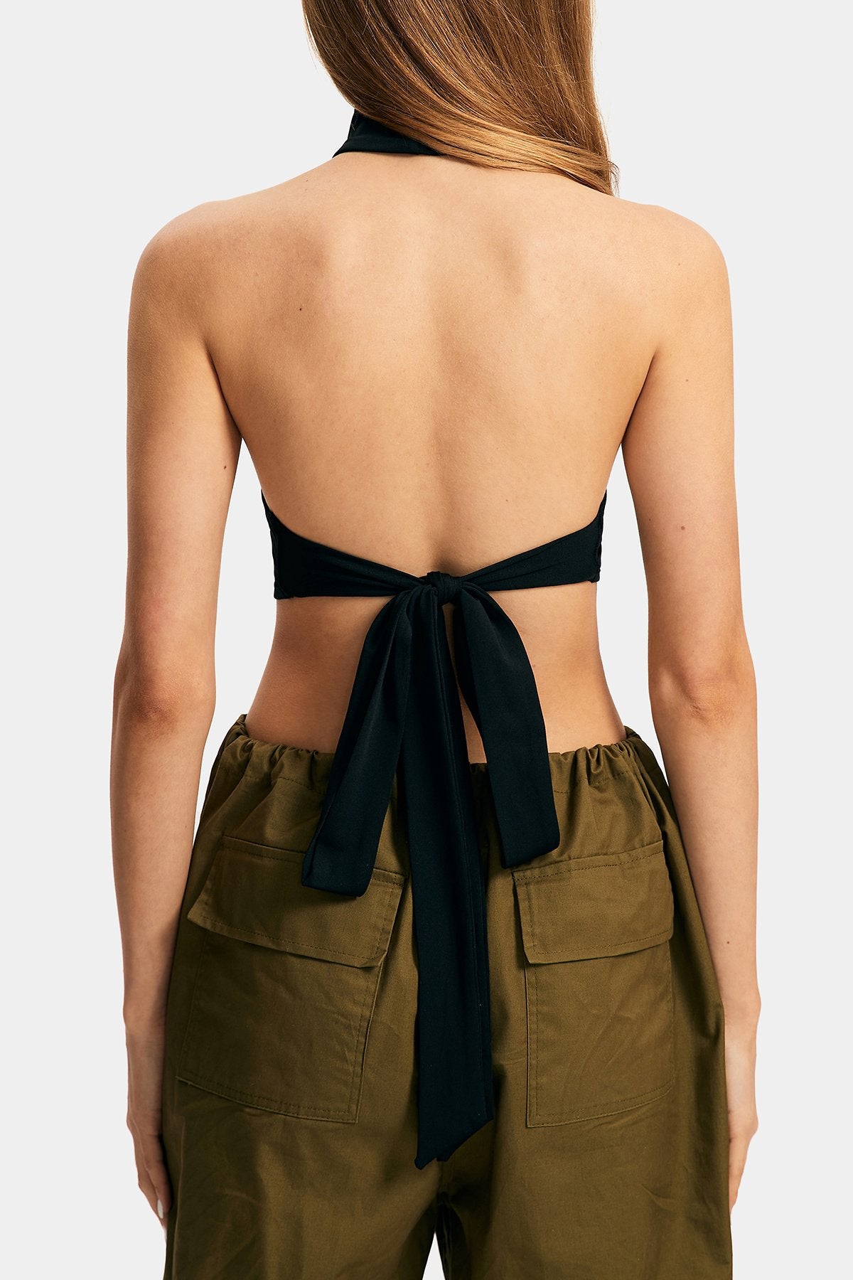 Mock Neck Sleeveless Open Back Tie Crop Top