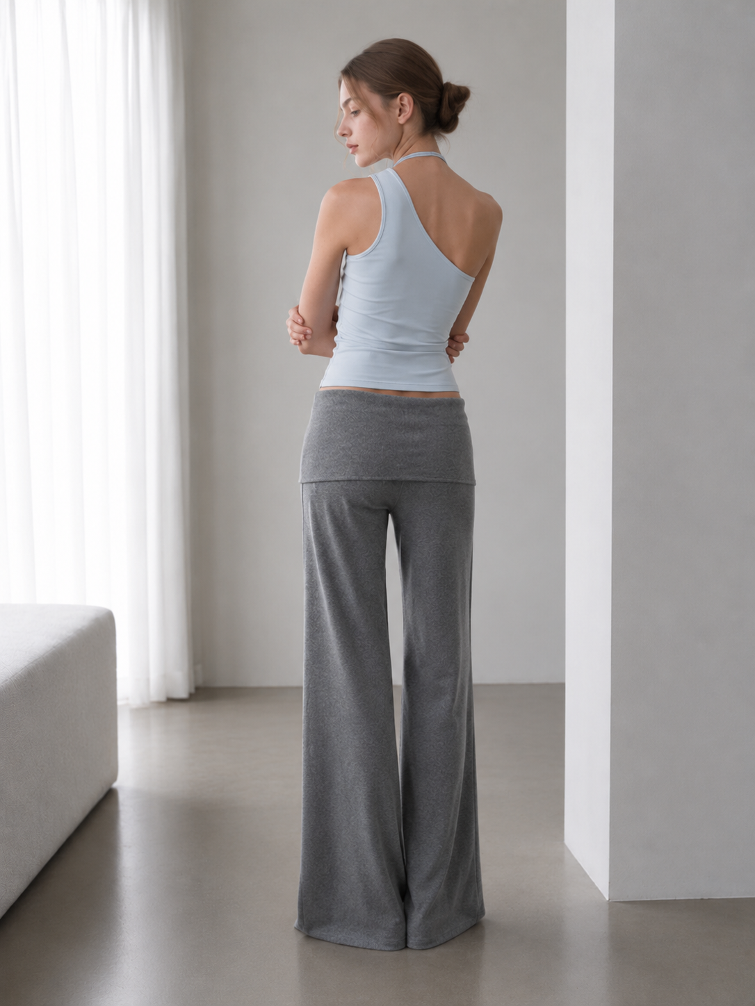 Solid Knit Foldover Waist Flowy Pants