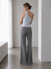 Solid Knit Foldover Waist Flowy Pants