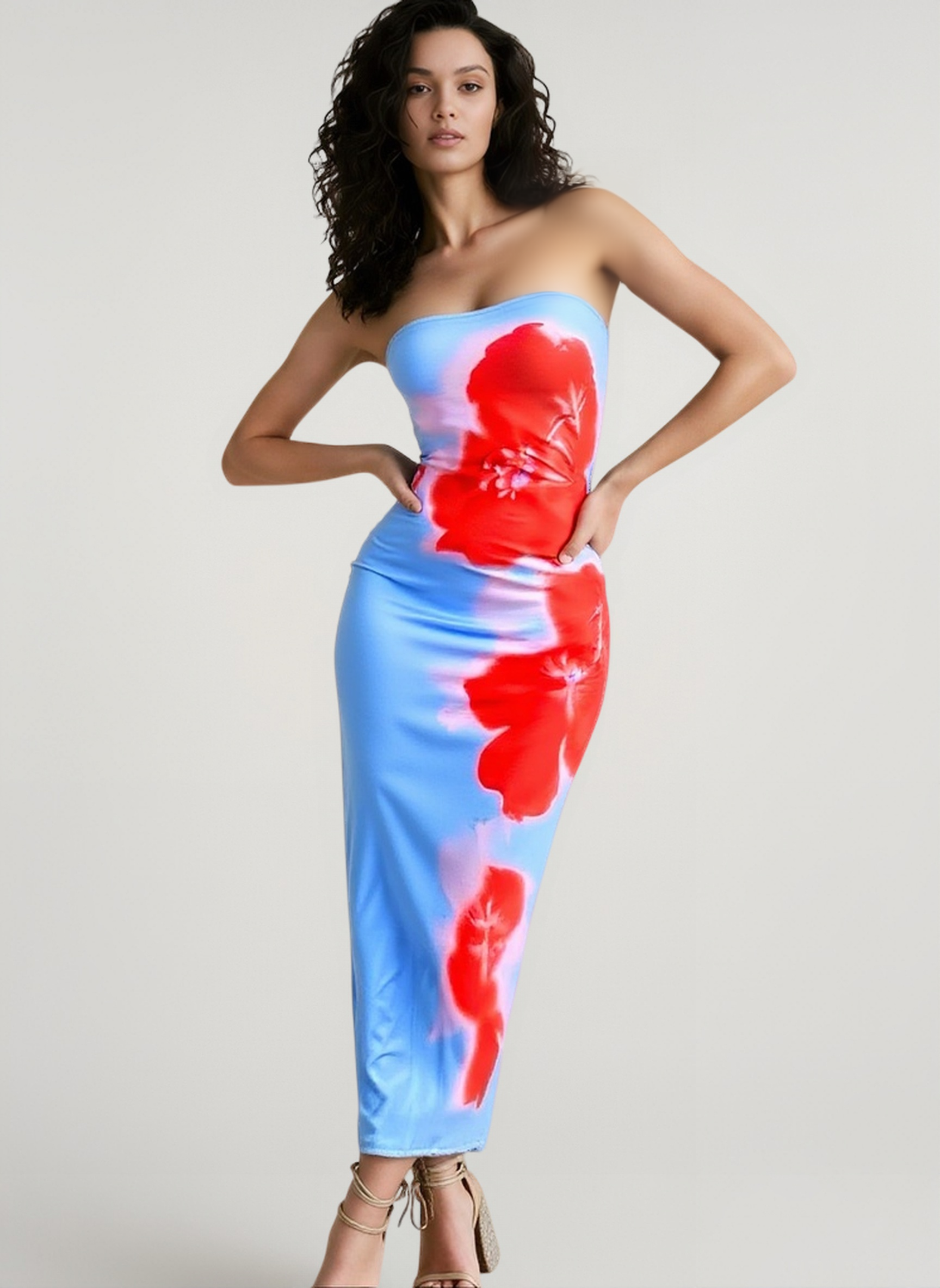 Strapless Floral Bodycon Slit Vacation Dress