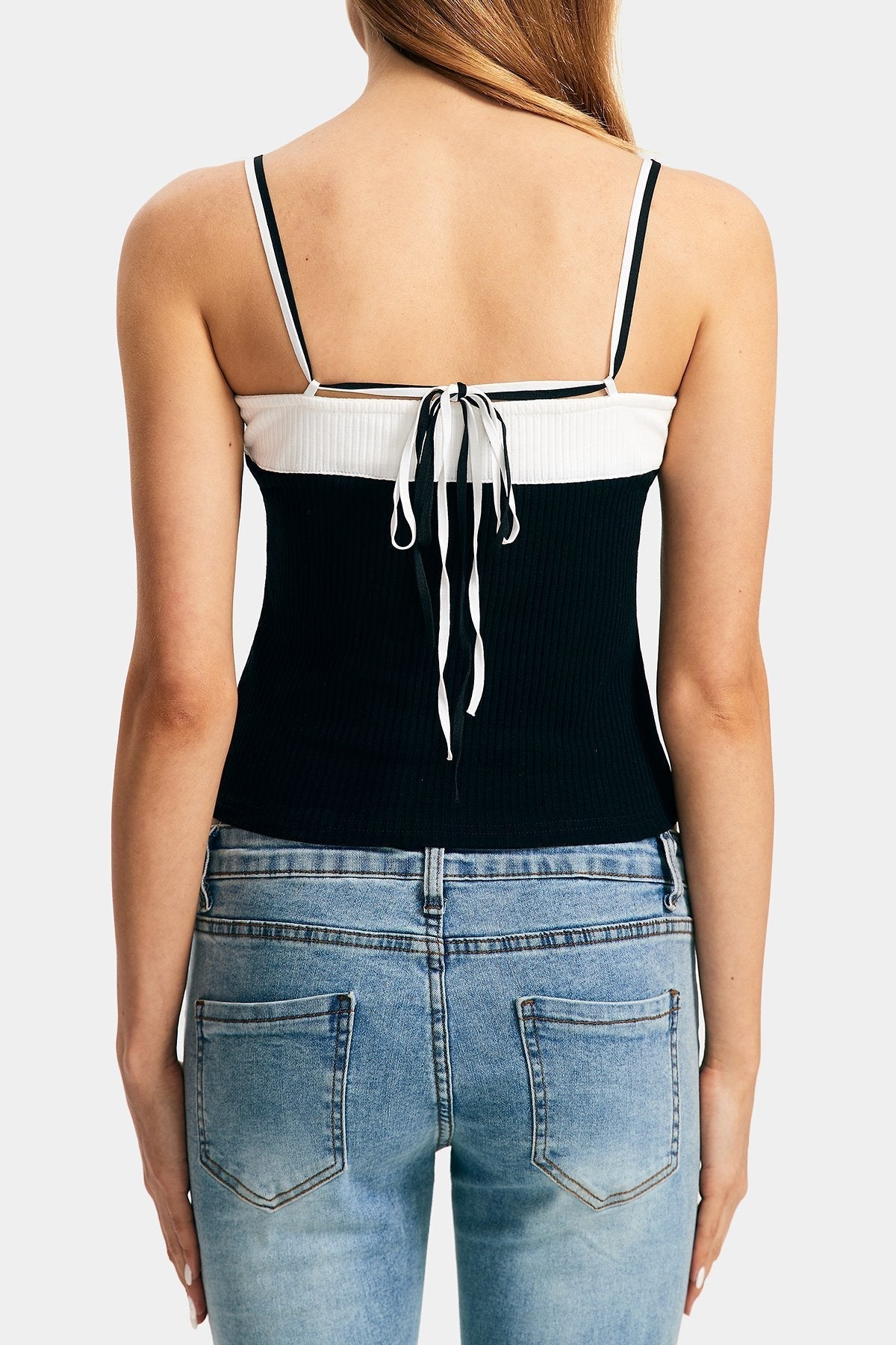 Two Tone Tie Back Ribbed Cami Crop Top