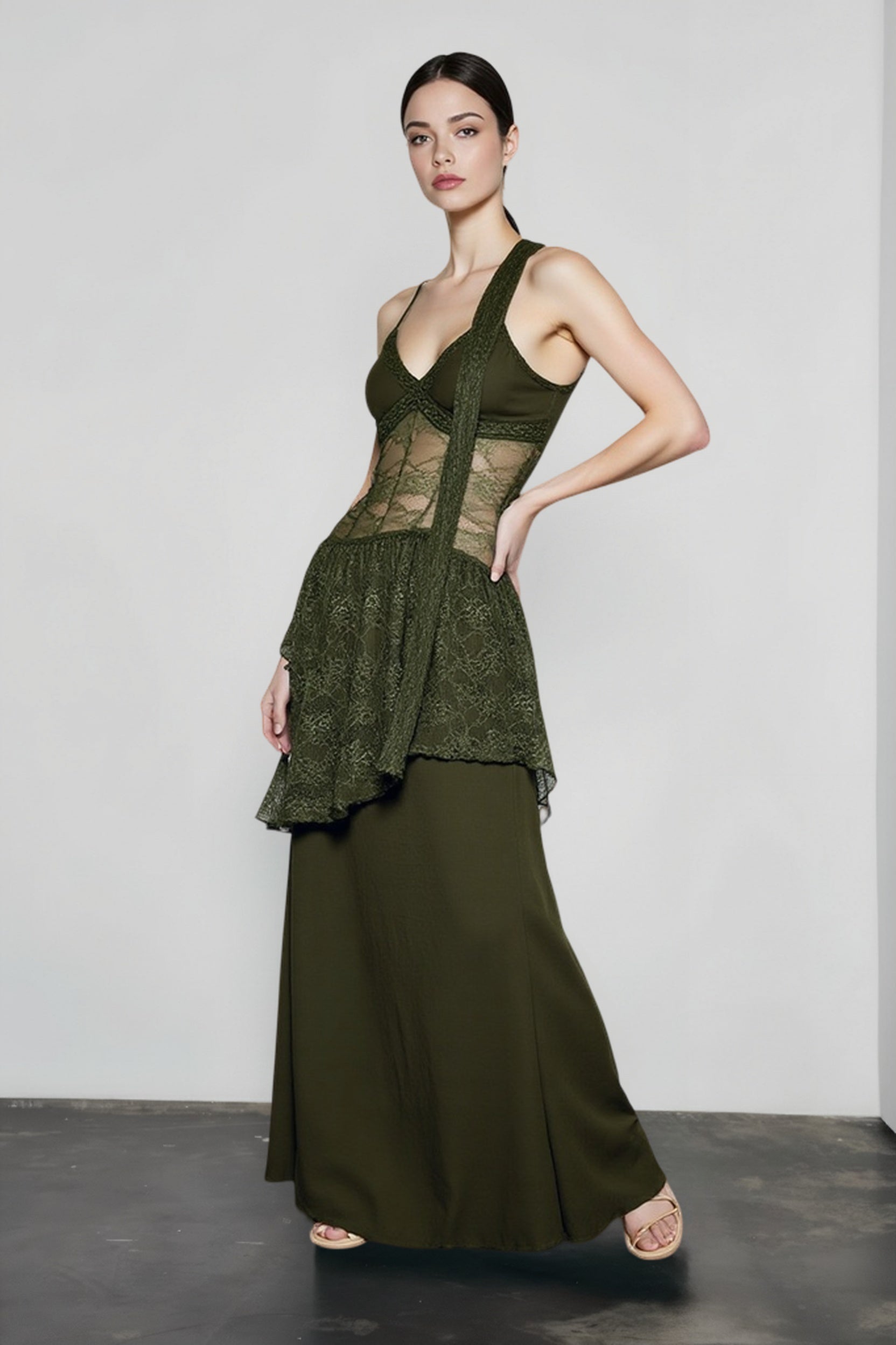 Lace Trim Sheer Waist Tie Cami Maxi Lace Dress