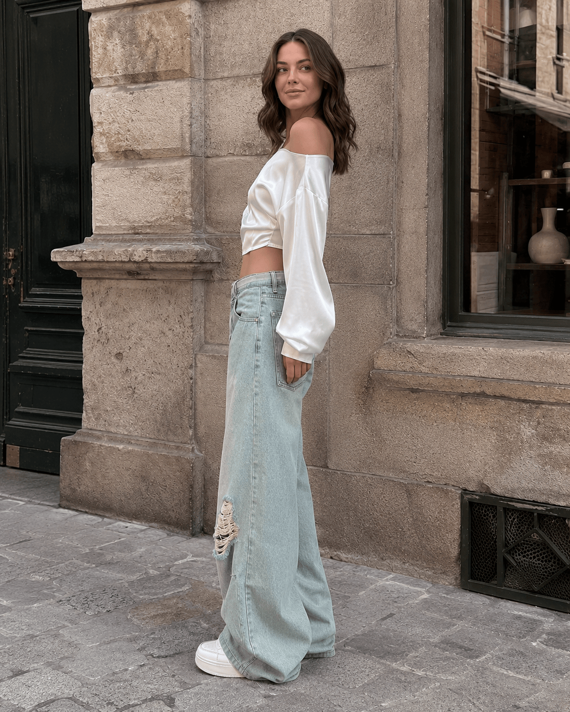 Distressed Ripped Relaxed Curved Leg Jeans