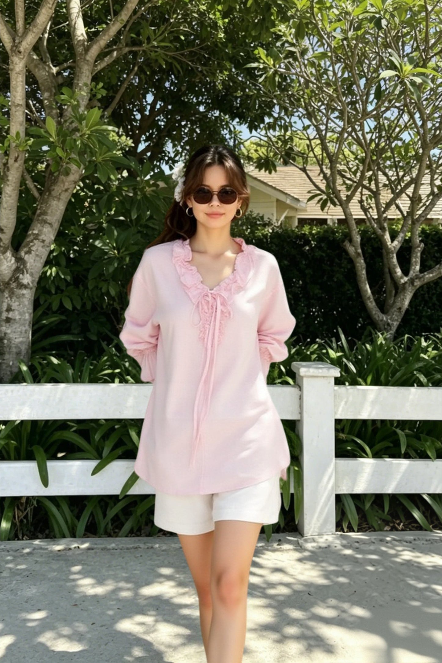 Linen Ruffle Tie Front Blouse
