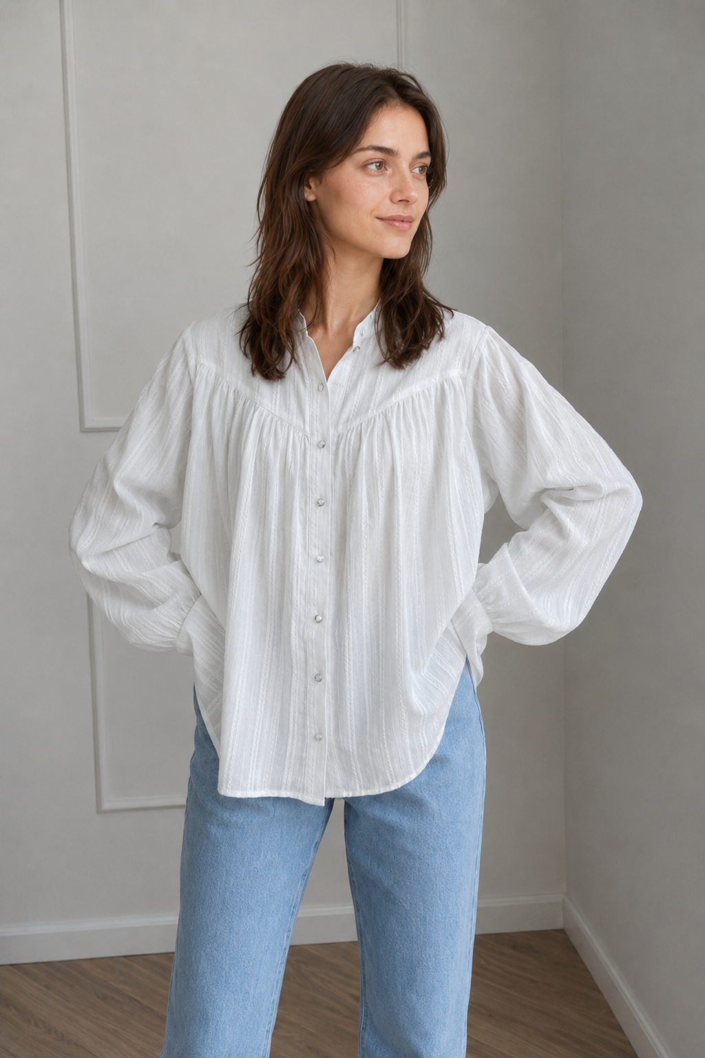White Cotton Jacquard Stand Collar Blouse