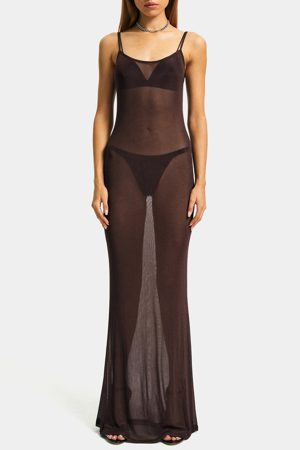 U Neck Mesh Solid Cami Maxi Dress Without Underwear