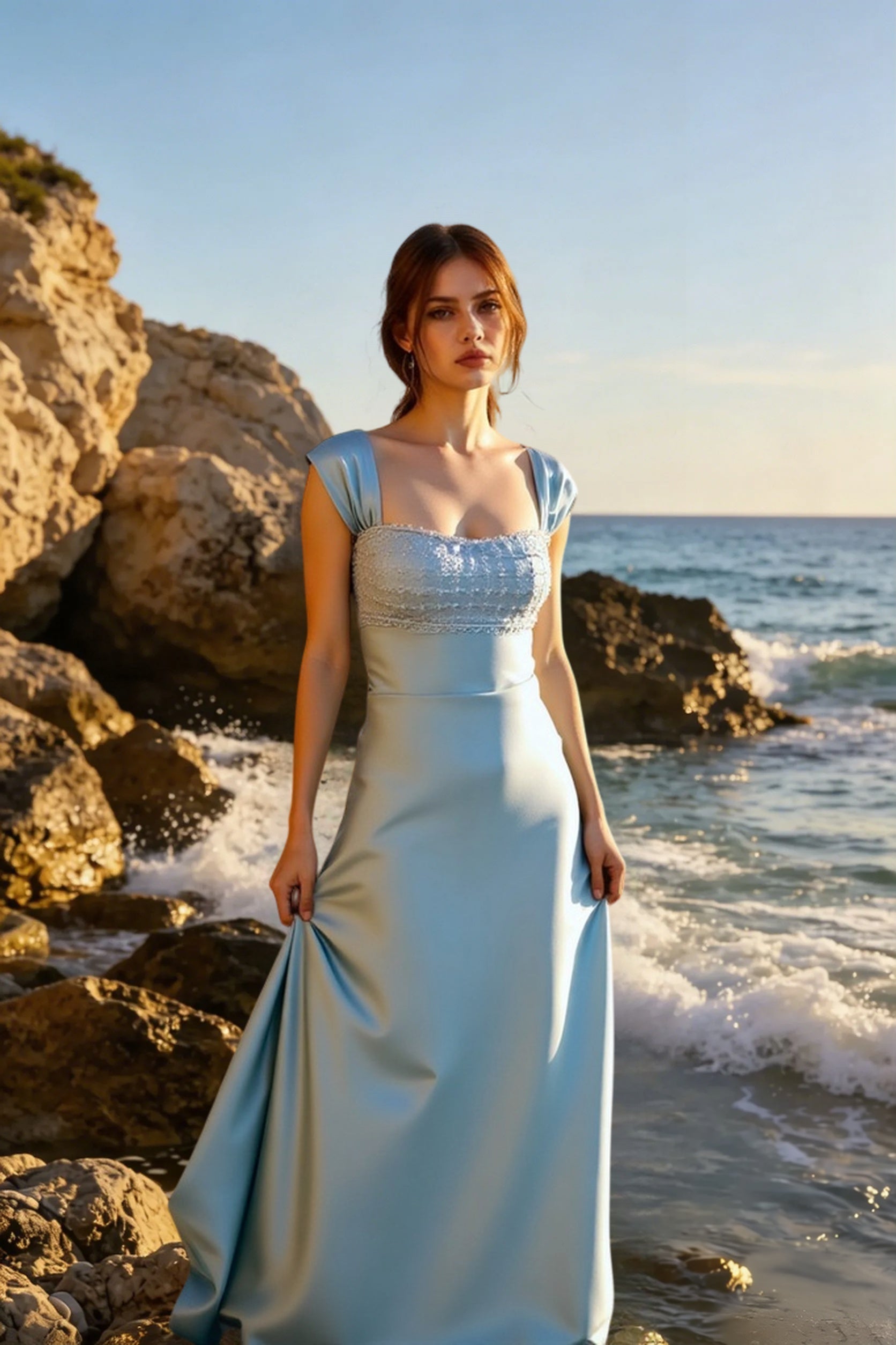 Satin Sequin Strapless Formal Dress
