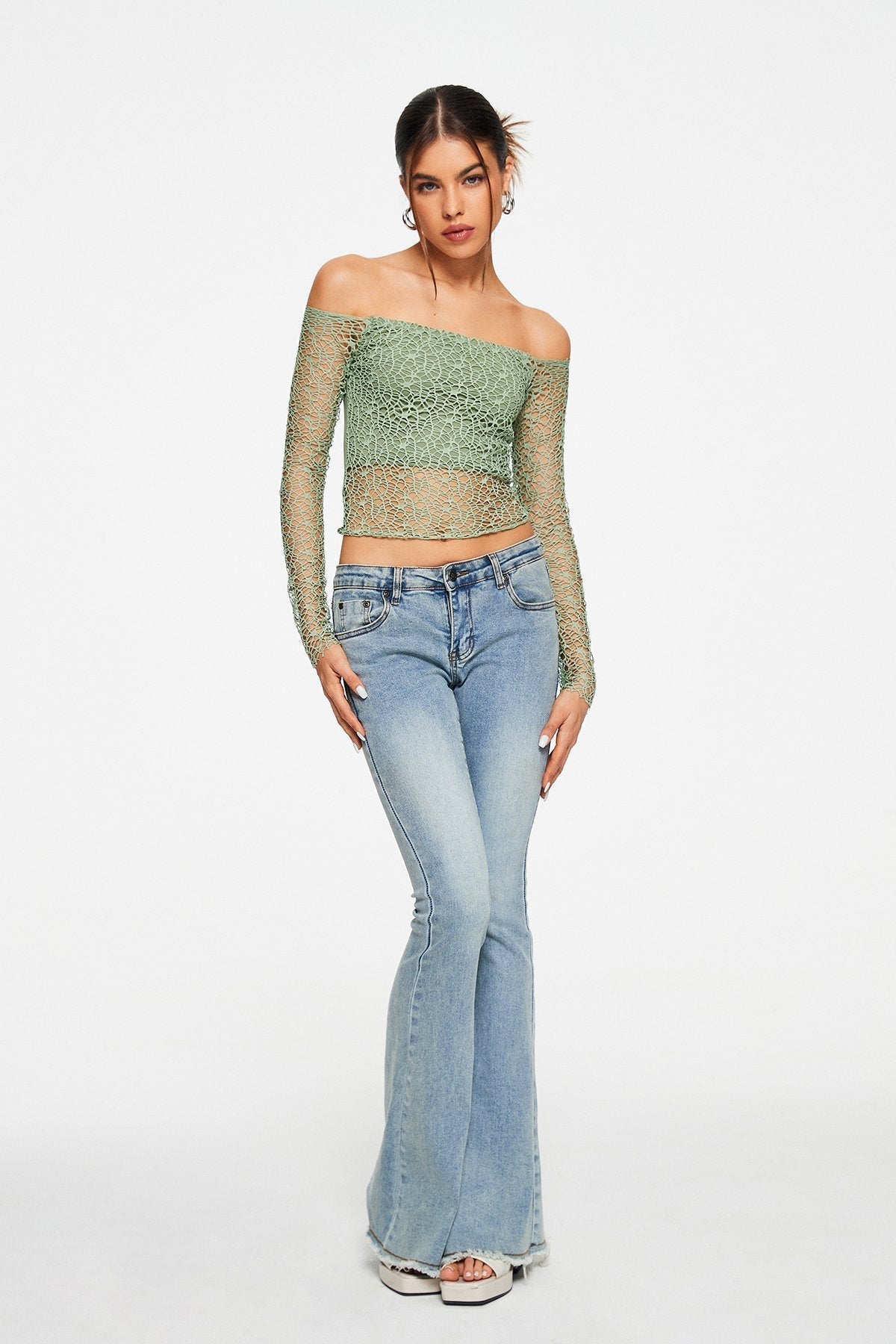 Off Shoulder Cut Out Crochet Splicing Long Sleeve Top