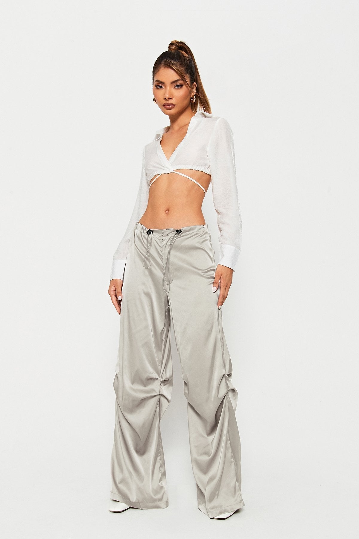 Satin Drawstring Waist Ruched Wide Leg Pants