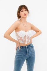 Off Shoulder Floral Embroidery Mesh Crop Top